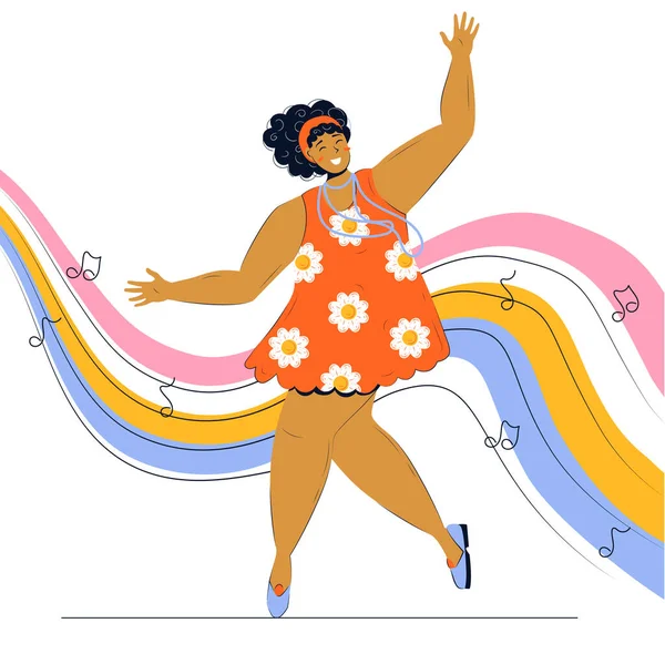 Afro Amerikai Hippi Egy Ruhában Százszorszépekkel Táncol Hátterében Szivárvány Hullámok — Stock Vector