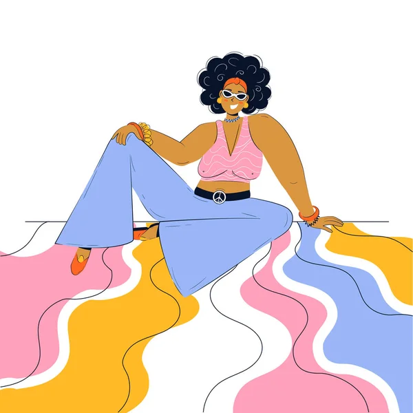 Afro Amerikan Hippi Kadın Gerçeküstü Yerde Rahatça Oturuyor Soyut Modern — Stok Vektör