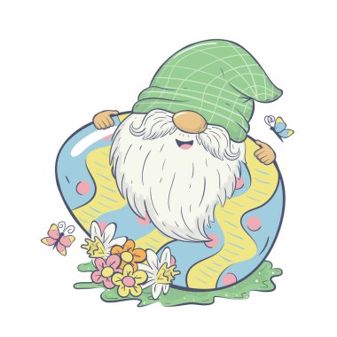 Vector Easter illustration with a happy gnome hiding behind a huge Easter egg. For cards, invitations, packaging design, posters, prints