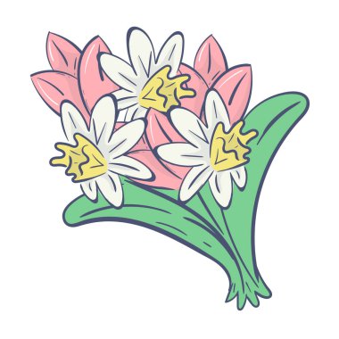 Bouquet of simple abstract doodle daffodils and tulips in pastel colors