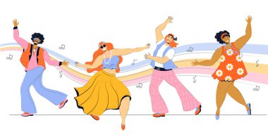 group of young hippie women and men dancing against the backdrop of rainbow waves of retro songs