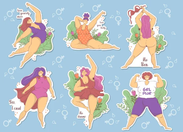 Bundel Met Stickers Van Vrolijke Size Vrouwen Met Harige Benen — Stockvector