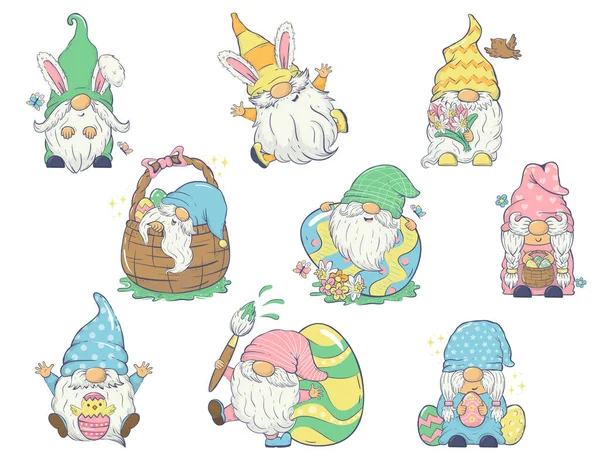 Collection Gnomes Vectoriels Pâques Dans Différentes Poses Avec Œufs Pâques — Image vectorielle