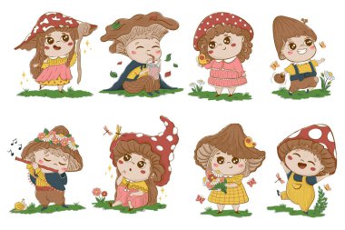 Collection of funny fairy tale characters of children with mushroom hats in cartoon doodle style. Clipart for decoration of children's goods, stationery, nursery clipart