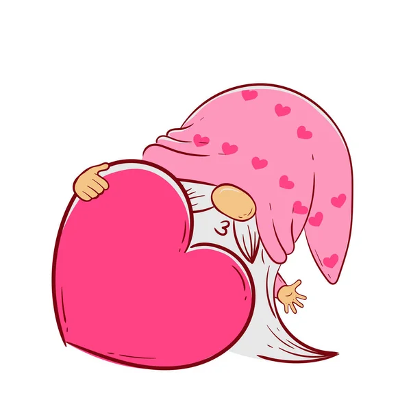 Bonito Gnomo Dibujos Animados Sombrero Rosa Tiene Corazón Sus Manos — Archivo Imágenes Vectoriales