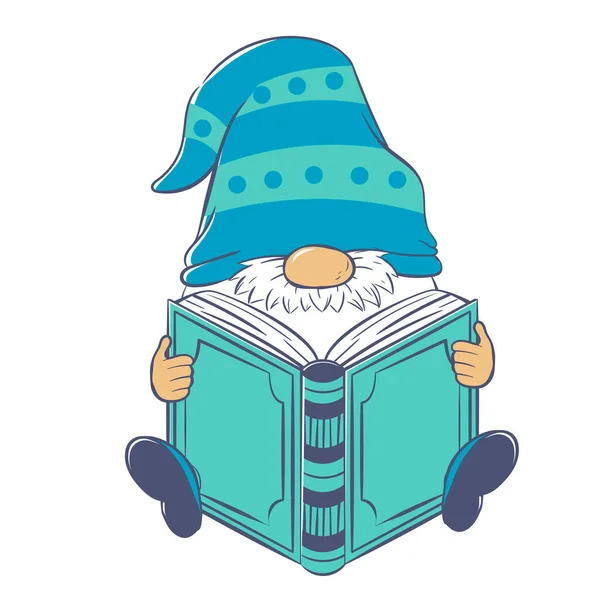 Cute Cartoon Gnome Reading Huge Book Vector Illustration Isolated White — Stock Vector
