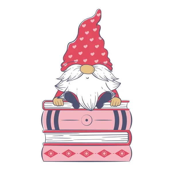Cute Cartoon Gnome Stack Huge Books Vector Illustration Isolated White — Stock Vector