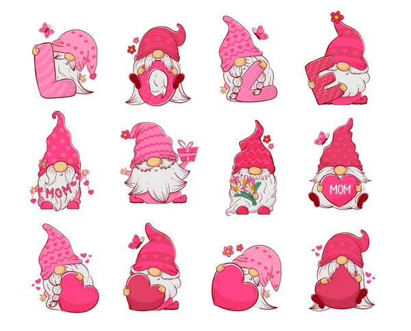 Clipart Ensemble Gnomes Dessin Animé Mignon Avec Des Coeurs Cadeaux — Image vectorielle
