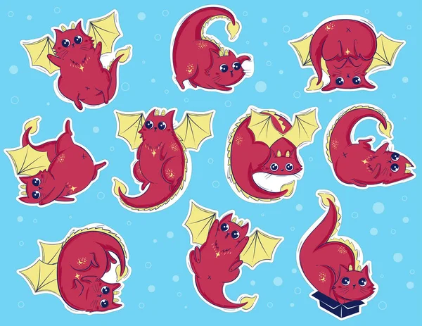 Vrolijke Red Dragoncat Stickerpack Bundel Schattige Feline Karakters Met Dragon — Stockvector