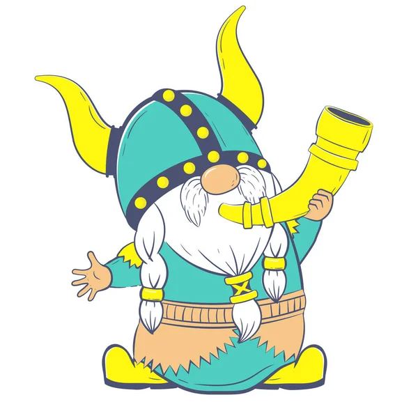 Cute Cartoon Gnome Musician Scandinavian Viking Dwarf Playing Trumpet — Stock Vector