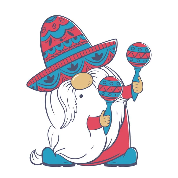 Lindo Músico Dibujos Animados Gnome Gnomo Mexicano Sombrero Tradicional Toca — Vector de stock