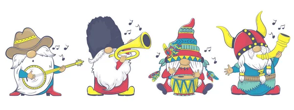 Stock vector The International Gnome Band clipart. Vector Musical Gnomes in National Costumes. Cartoonish Gnomes in National Dress and Instrumentation