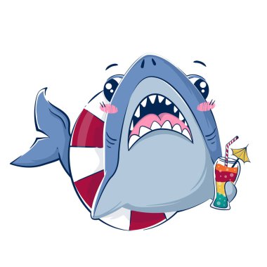 Çizgi filmdeki komik köpekbalığı şişme daire şeklinde bir kokteyl. Su altı dünyasının vektör illüstrasyonu.