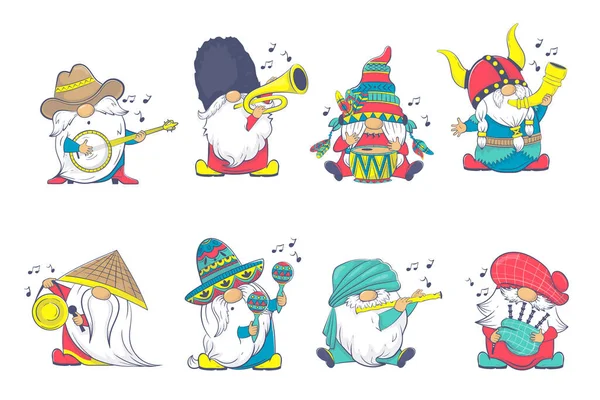 Den Internationella Gnome Band Clipart Vektor Musikaliska Nomer Nationella Kostymer — Stock vektor