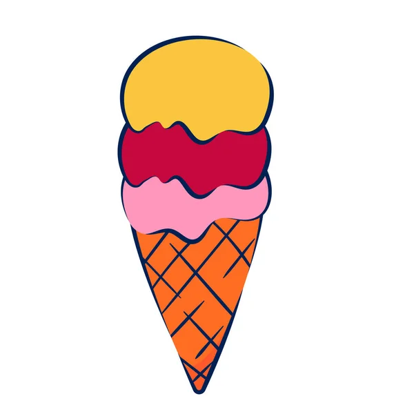 Crème Glacée Dans Cône Gaufre Avec Trois Boules Dans Style — Image vectorielle