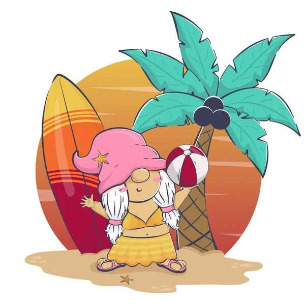 Bonjour Dessin Animé Été Mignonne Gnome Fille Jouant Ballon Sur — Image vectorielle