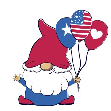 Şirin vatansever leprikon Amerikan sembollü üç balon tutuyor. Bağımsızlık günü için.