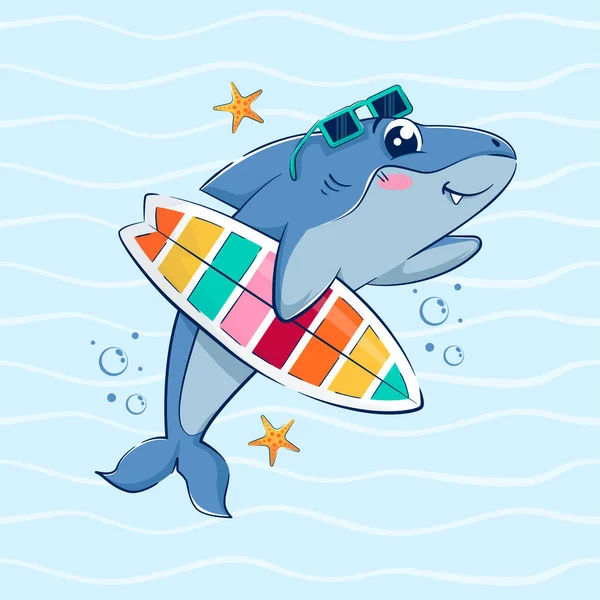 Cartoon Drôle Requin Tient Une Planche Surf Parmi Les Vagues — Image vectorielle