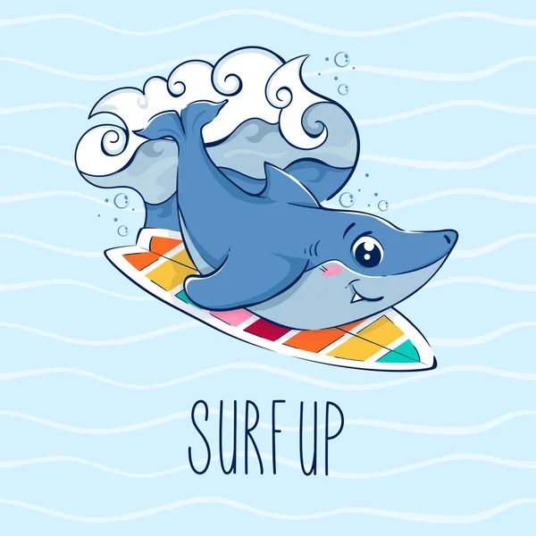 Cartoon Drôle Requin Surfe Parmi Les Vagues Carte Postale Avec — Image vectorielle