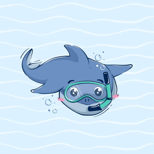 카툰웃긴 상어는 사이에서 다이빙 마스크를 잠수하고 있습니다 세계를 — 스톡 벡터