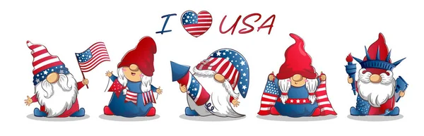 4 Temmuz Bağımsızlık Günü için uzun bir afiş şirin vatansever cücelerle ve Amerika 'yı sevdiğim yazıyla.
