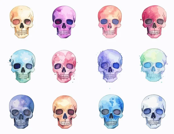 Coleção Clipart Crânios Aquarela Multicoloridos Brilhantes Halloween Dia Decoração Morta — Vetor de Stock
