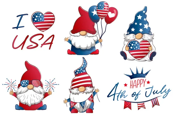 かわいい愛国的なLeprechansとのバンドル4 7月独立記念日 アメリカのシンボルを持つお祝いのノームのベクトル漫画イラスト — ストックベクタ