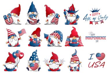 4 Temmuz Bağımsızlık Günü 'nde şirin vatansever leprikonlarla dolu. Amerikan sembollü neşeli cücelerin vektör karikatür çizimi. Tebrik ederim.