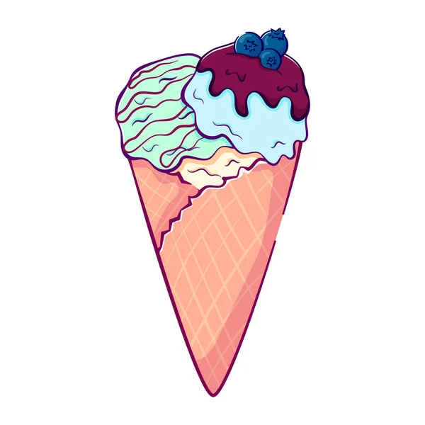 Une Crème Glacée Pastel Menthe Myrtille Doodle Dans Cône Gaufre — Image vectorielle