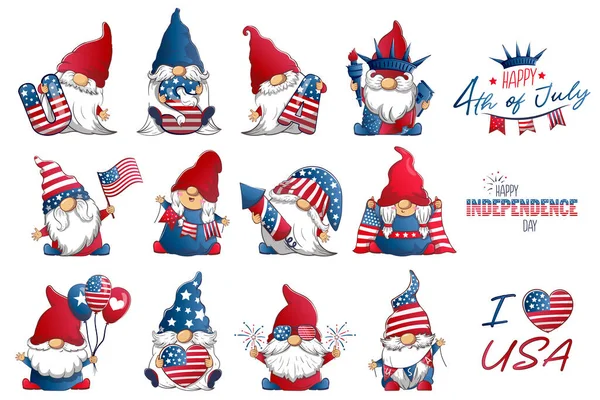 かわいい愛国的なLeprechansとのバンドル4 7月独立記念日 アメリカのシンボルを持つお祝いのノームのベクトル漫画イラスト お祝いの言葉 — ストックベクタ