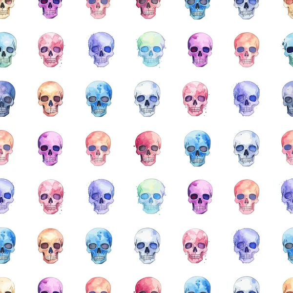 鮮やかな多色の水彩の頭蓋骨とシームレスなパターン ハロウィーンと死者の日のための背景の装飾 — ストックベクタ