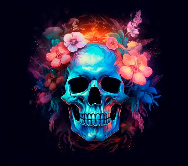 现实的光谱光照亮了透明明亮的头骨 花朵在黑暗的背景上抽象的花卉艺术 死亡图解日 — 图库照片