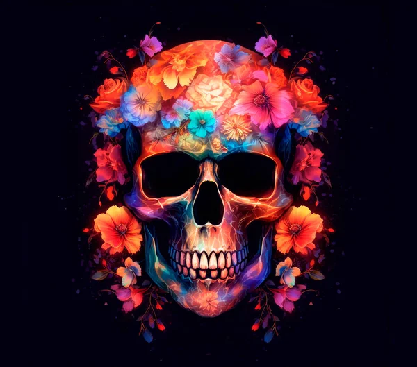 现实的光谱光照亮了透明明亮的头骨 花朵在黑暗的背景上抽象的花卉艺术 死亡图解日 — 图库照片