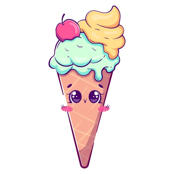 Kawaii Cartoon Doodle Ice Cream Waffle Cone Cherry Pastel Colors — Stock Vector