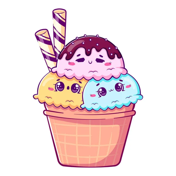 Kawaii Dessin Animé Doodle Crème Glacée Dans Une Tasse Gaufres — Image vectorielle