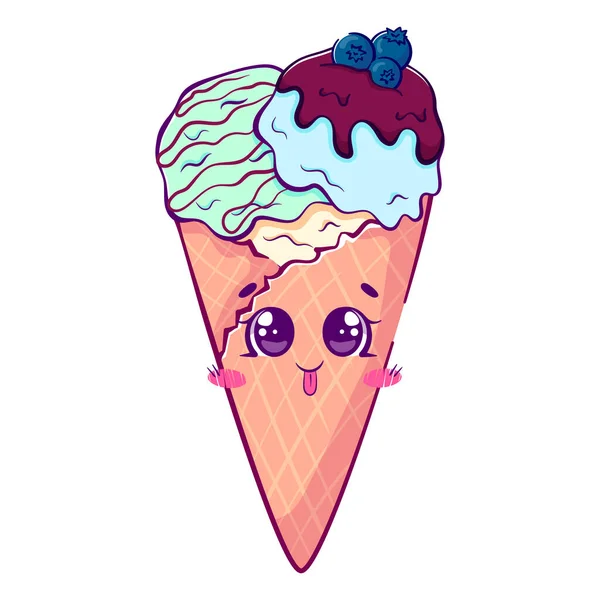 Kawaii Dessin Animé Doodle Crème Glacée Dans Cône Gaufre Avec — Image vectorielle