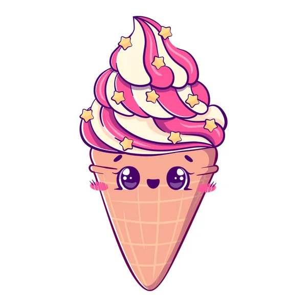 Kawaii Dessin Animé Doodle Vanille Fraise Crème Glacée Dans Cône — Image vectorielle