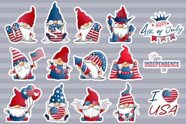 Bundel Stickers Met Schattige Patriottische Kabouters Juli Onafhankelijkheidsdag Vector Cartoon — Stockvector