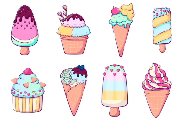 Collection Cartoon Doodle Ice Cream Pastel Colors Vector Illustration Cute — Stock Vector