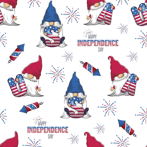 アメリカの文字やアメリカのシンボルを持つ愛国的な愛らしいノームとシームレスなパターン 7月4日独立記念日漫画背景 — ストックベクタ