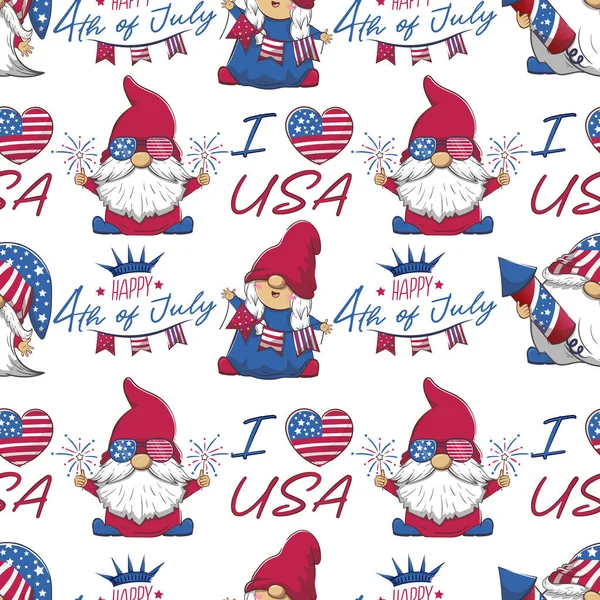 愛国的な魅力的なノームと私はアメリカを愛する碑文とシームレスなパターン 7月4日独立記念日漫画背景 — ストックベクタ