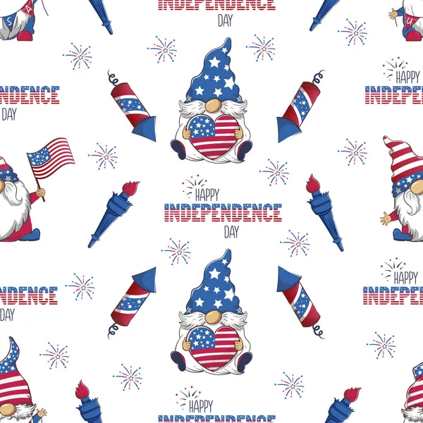 アメリカのシンボルを持つ愛国的な魅力的なノームとシームレスなパターン 7月4日独立記念日漫画背景 — ストックベクタ