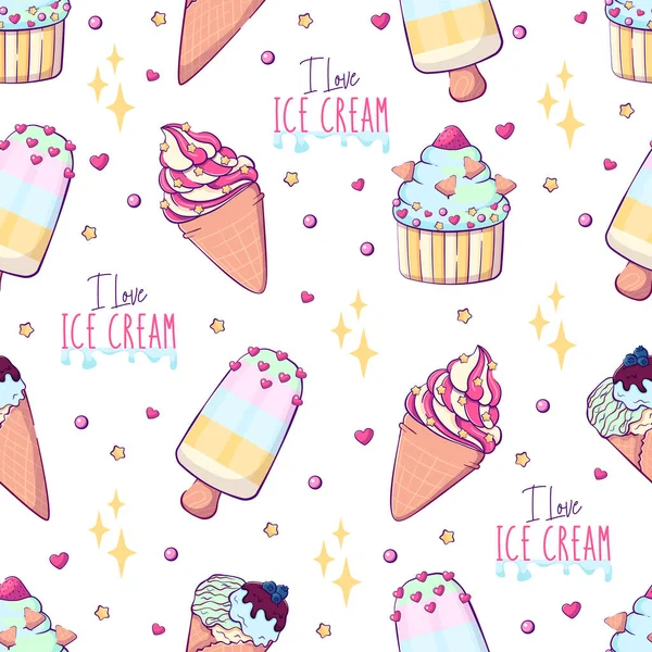 귀여운 아이스크림을 옷감에 사용되는 끈적끈적 과새하얀 배경에 고립된 아이스크림을 사랑한다 — 스톡 벡터