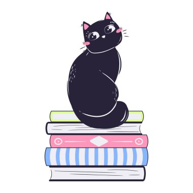 Basit komik kedi bir yığın kitabın üzerine oturur. Hayvanların okula dönüş konsepti. Öğrenci hayatının vektör çizimi.