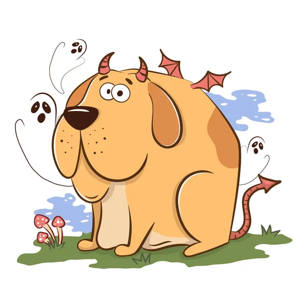 Vtipný Kreslený Velký Pes Halloweenském Kostýmu Ďábla Strašidelná Vtipná Postava — Stockový vektor