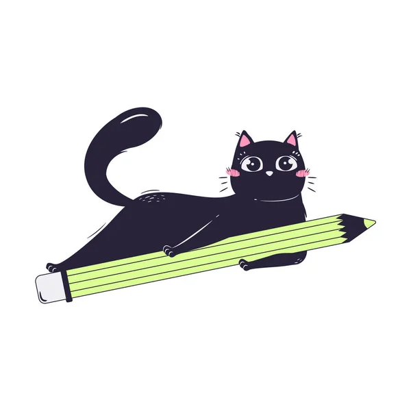 単純な面白い猫は大きな鉛筆を抱いています動物の概念は学校に戻ります 学生生活のベクトル図 — ストックベクタ