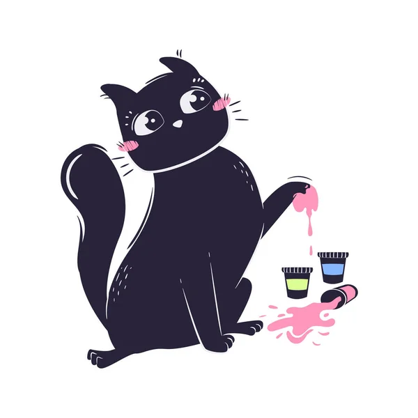 Простая Забавная Кошка Испачкала Лапу Гуашью Краской Концепция Возвращения Животных — стоковый вектор
