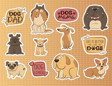 Üzerinde komik safkan köpekler olan çıkartma koleksiyonu. Çizgi film hayvanları