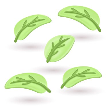 Yeşil yaprak 3d simgeleri ayarlandı. Plastik sanat. Ekoloji, biyoloji, vegan, organik ve doğal ürünler konsepti