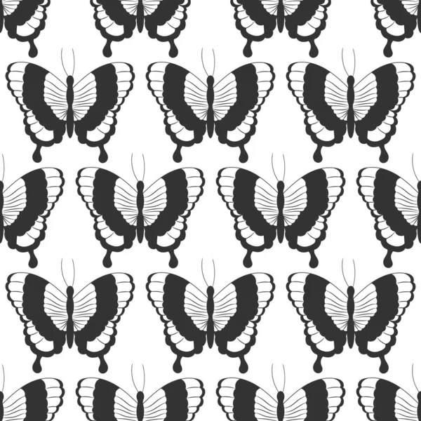 Seamless pattern with black silhouettes of butterflies isolated on a white background. Simple monochrome abstract outline design